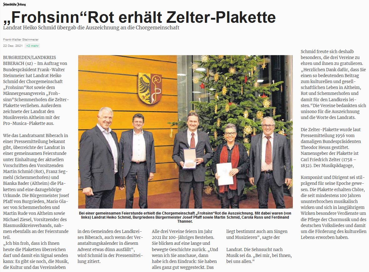 Übergabe der Zelter-Plakette